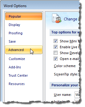 При нажатии кнопки «Дополнительно» в диалоговом окне «Параметры Word» в Word 2007